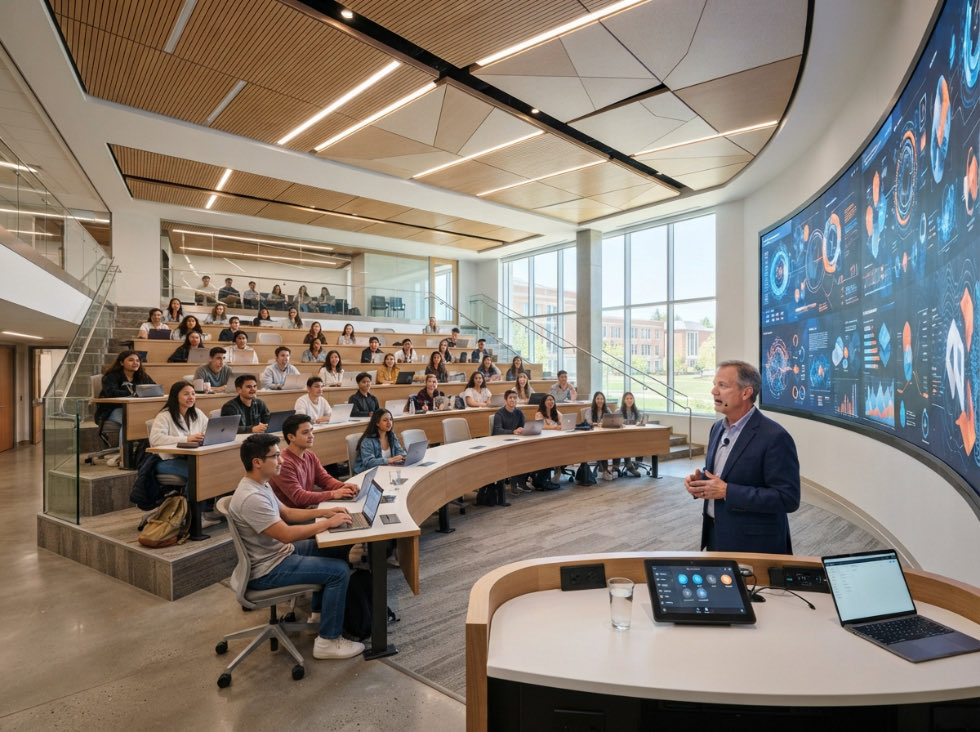 Aula híbrida en graderías con videowall curvo y atril con control táctil
