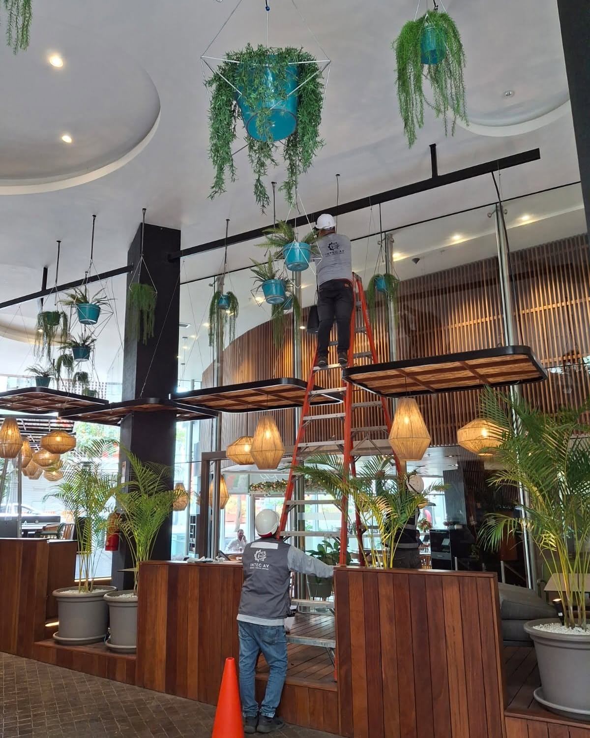 Parlantes Bose tipo pendant instalados en un restaurante